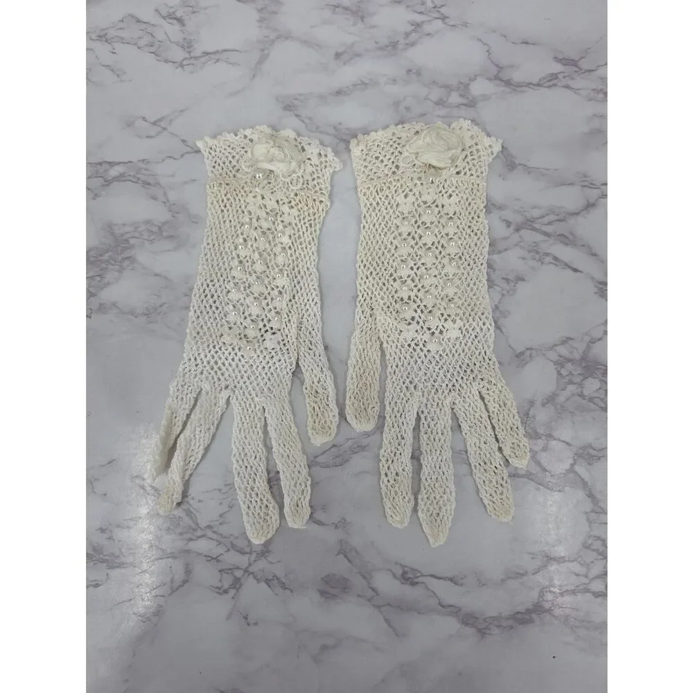 Vintage Crochet Lace Gloves Beaded with Rose Accent See Through